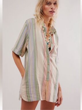 Free People | Pastel Stripe Henley Button Tunic Romper Playsuit (SMALL)